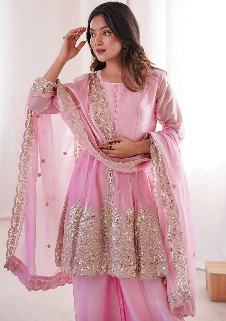 Baby Pink Embroidered Silk Kurta Set - Indya