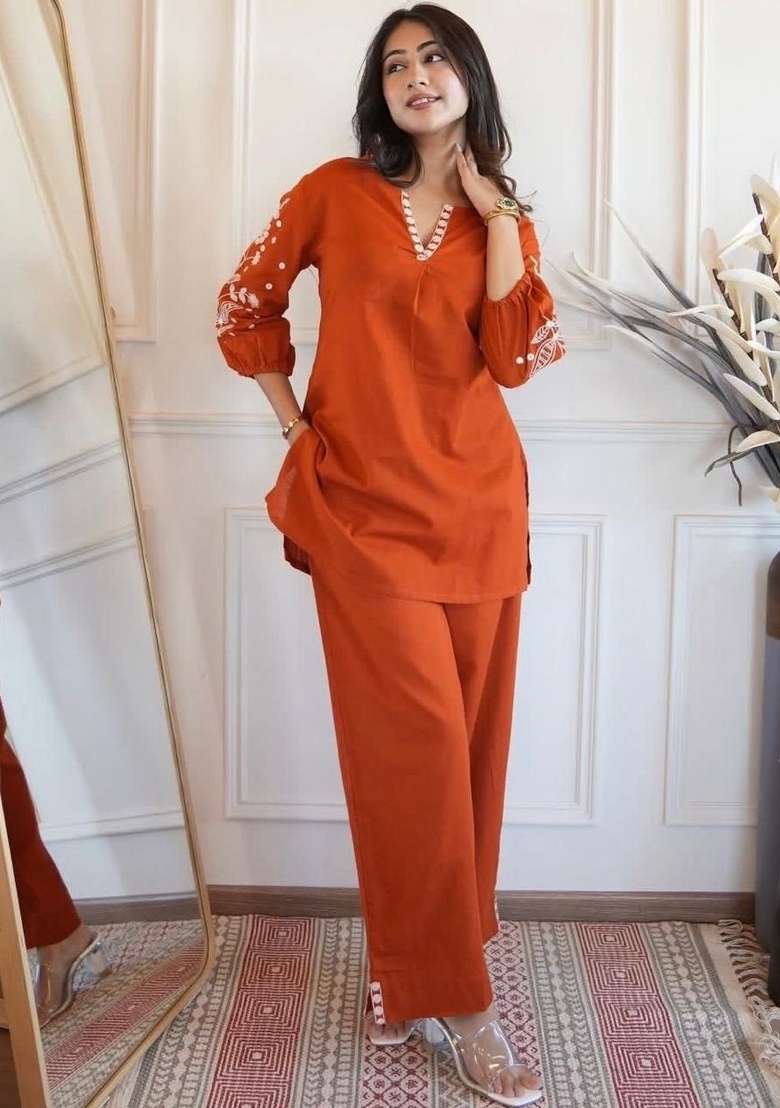 Orange Embroidered Silk Kurta Set - Indya
