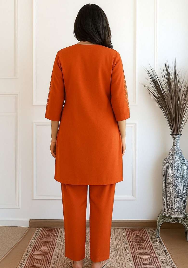 Orange Embroidered Silk Kurta Set - Indya