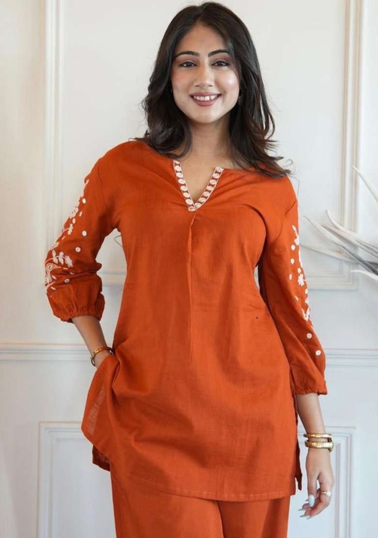 Orange Embroidered Silk Kurta Set - Indya