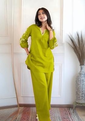 Parrot Green Embroidered Silk Kurta Set