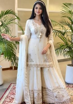 Off White Embroidered Chinon Kurta Set