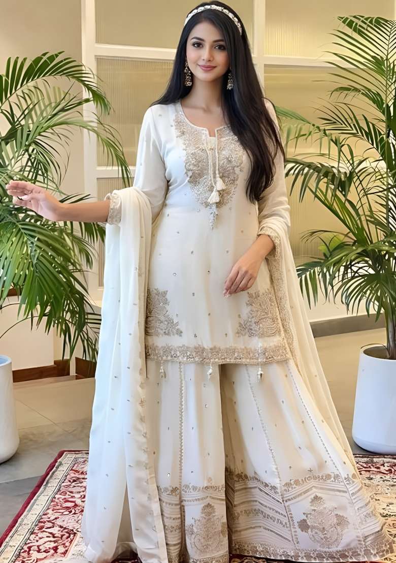 Off White Embroidered Chinon Kurta Set - Indya