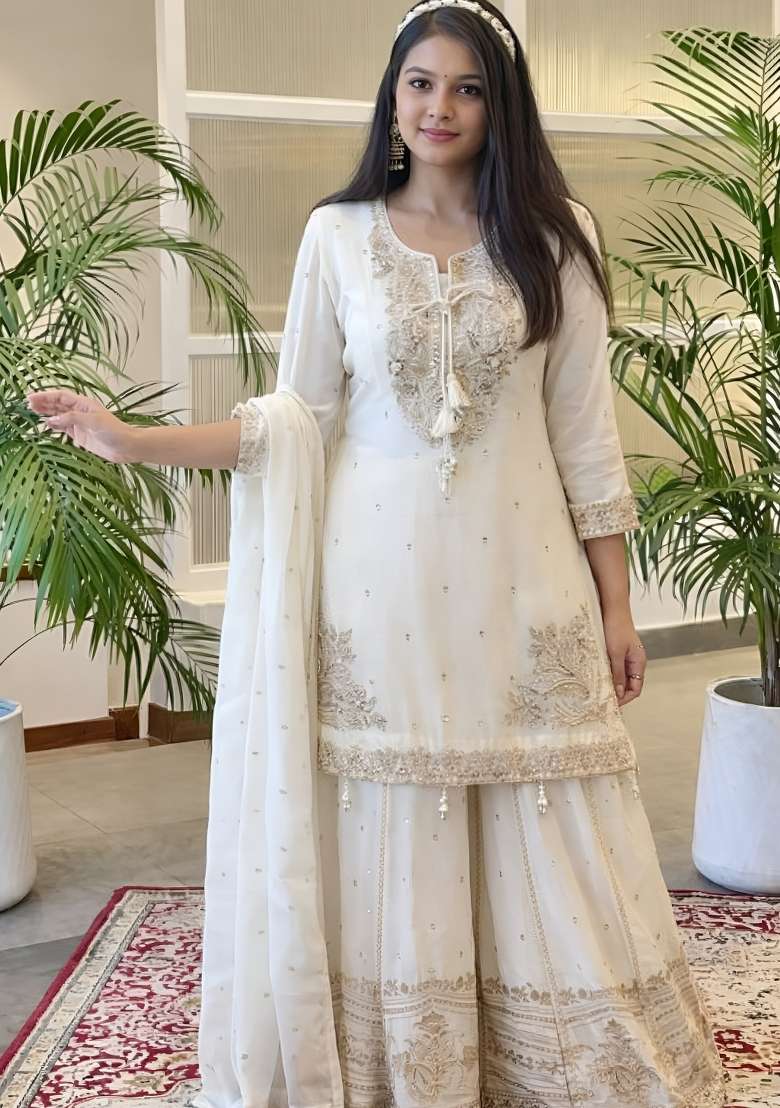Off White Embroidered Chinon Kurta Set - Indya