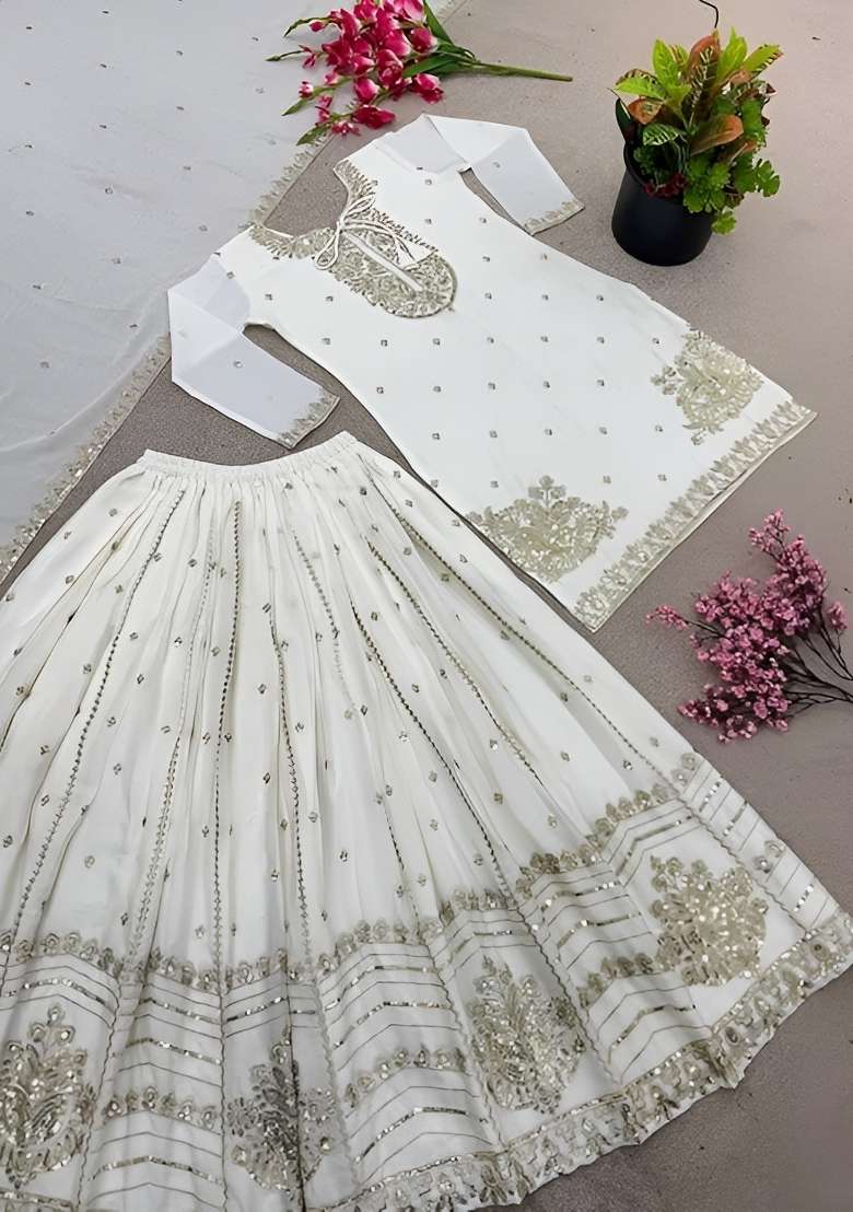 Off White Embroidered Chinon Kurta Set - Indya