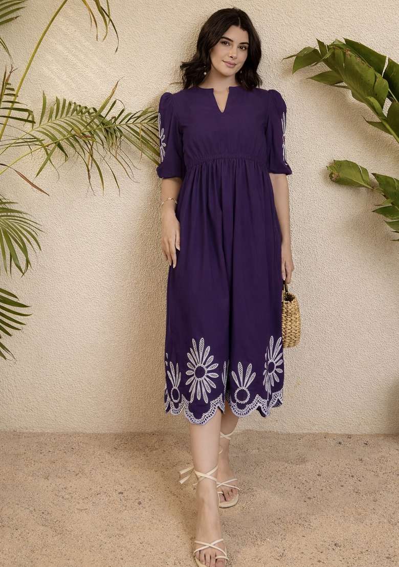 Purple Embroidered Cotton Kurta Set - Indya