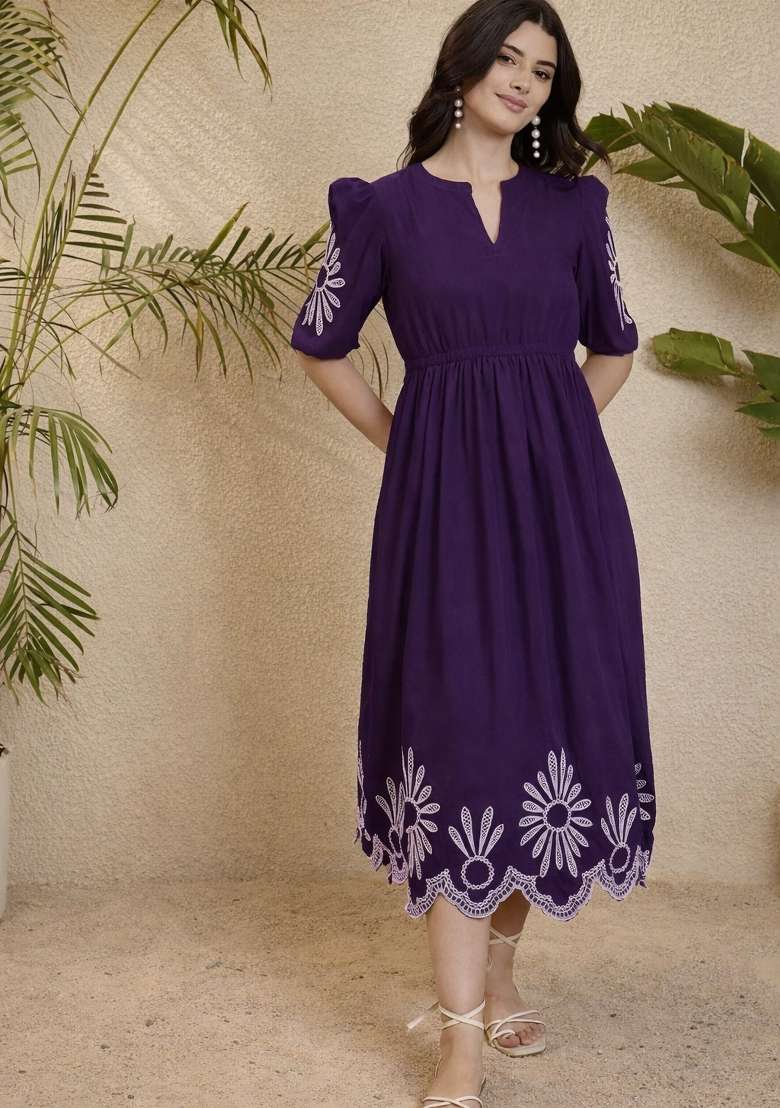 Purple Embroidered Cotton Kurta Set - Indya