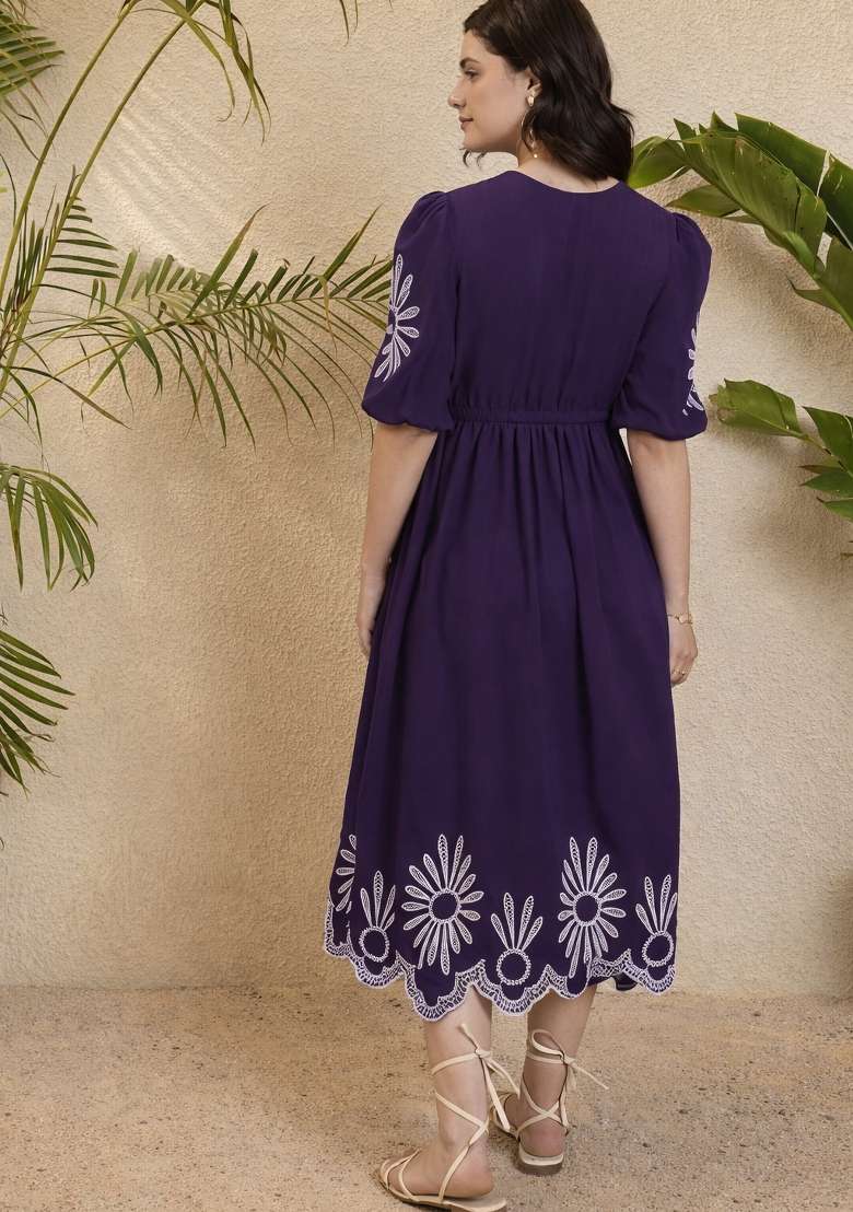 Purple Embroidered Cotton Kurta Set - Indya
