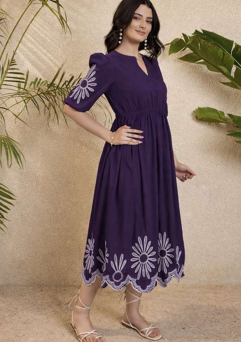 Purple Embroidered Cotton Kurta Set - Indya