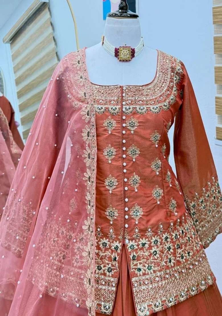 Orange Embroidered Chanderi Kurta Set - Indya