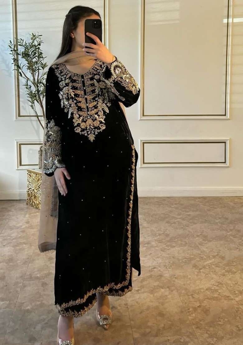 Black Embroidered Georgette Kurta Set - Indya