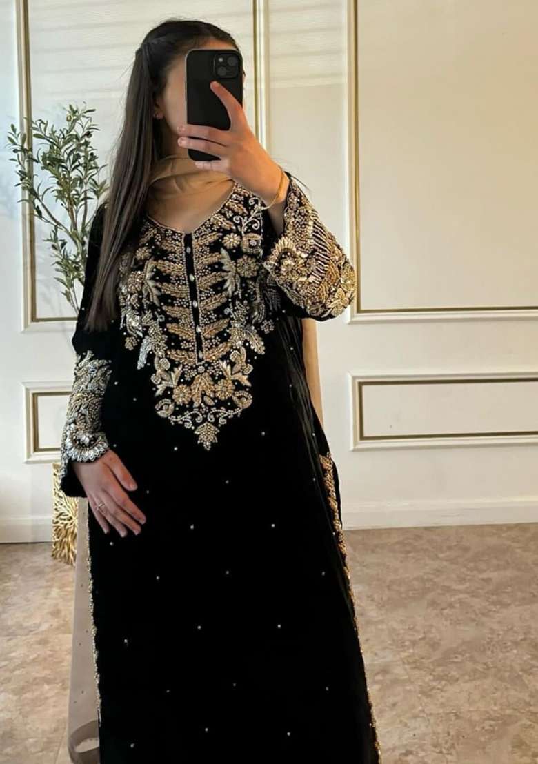 Black Embroidered Georgette Kurta Set - Indya