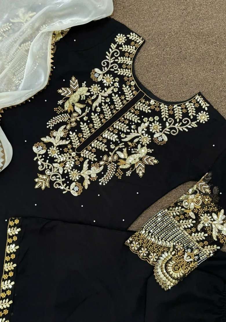 Black Embroidered Georgette Kurta Set - Indya