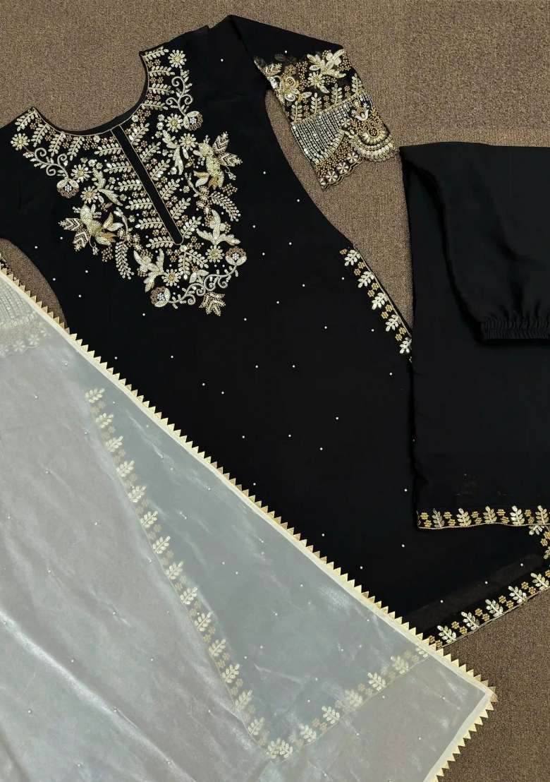 Black Embroidered Georgette Kurta Set - Indya