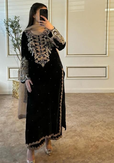 Black Embroidered Georgette Kurta Set