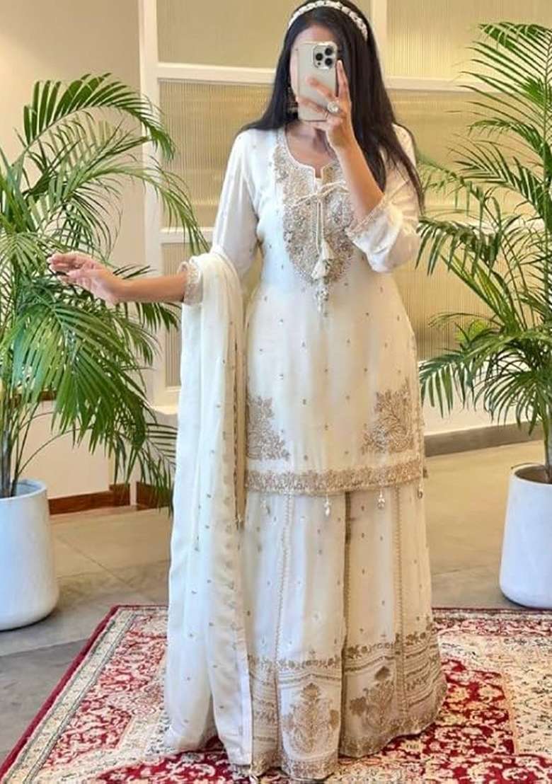 White Embroidered Chinon Kurta Set - Indya