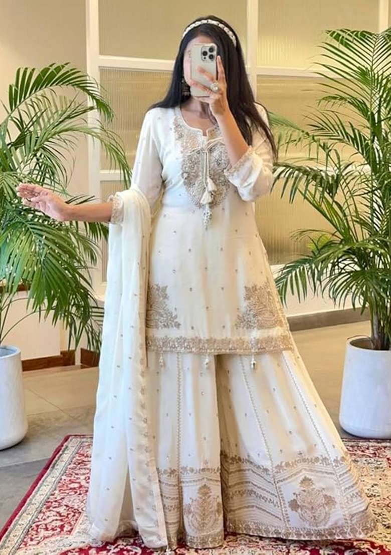 White Embroidered Chinon Kurta Set - Indya