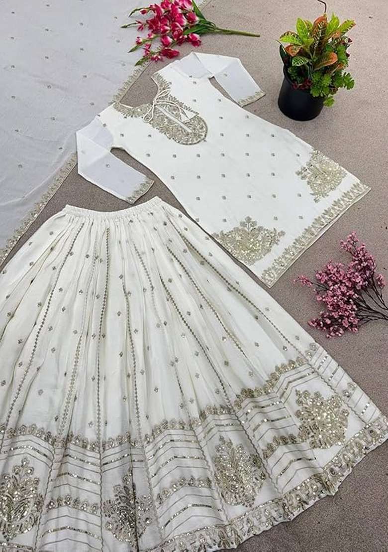 White Embroidered Chinon Kurta Set - Indya