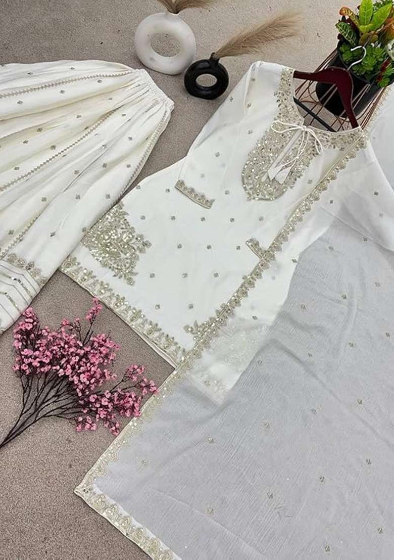 White Embroidered Chinon Kurta Set - Indya