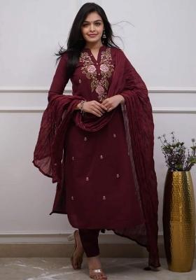 Maroon Embroidered Viscose Kurta Set