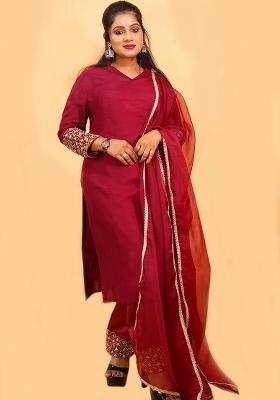 Maroon Embroidered Silk Kurta Set
