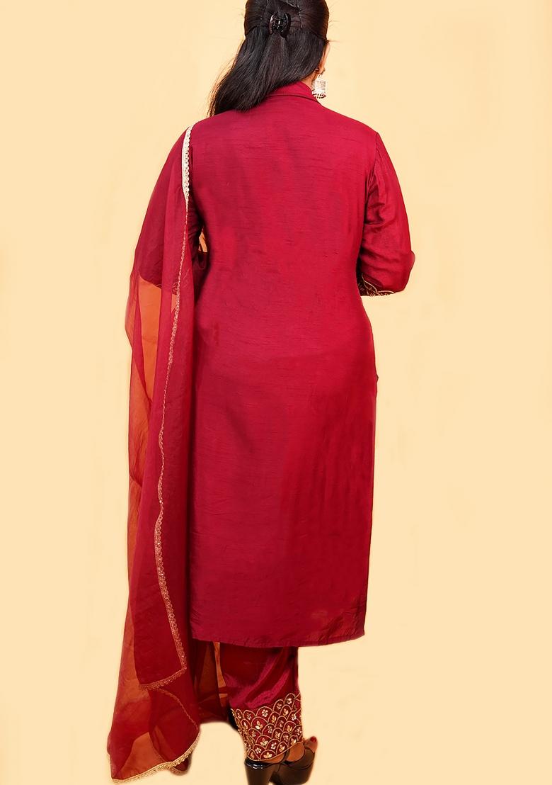 Maroon Embroidered Silk Kurta Set - Indya
