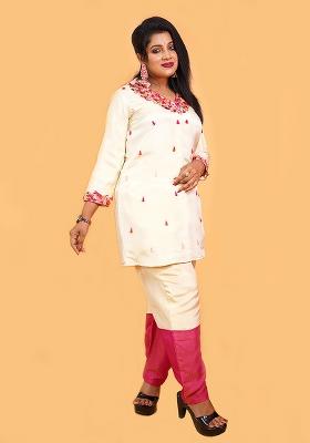 Off White And Pink Embroidered Silk Kurta Set