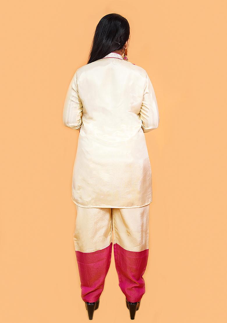 Off White And Pink Embroidered Silk Kurta Set - Indya