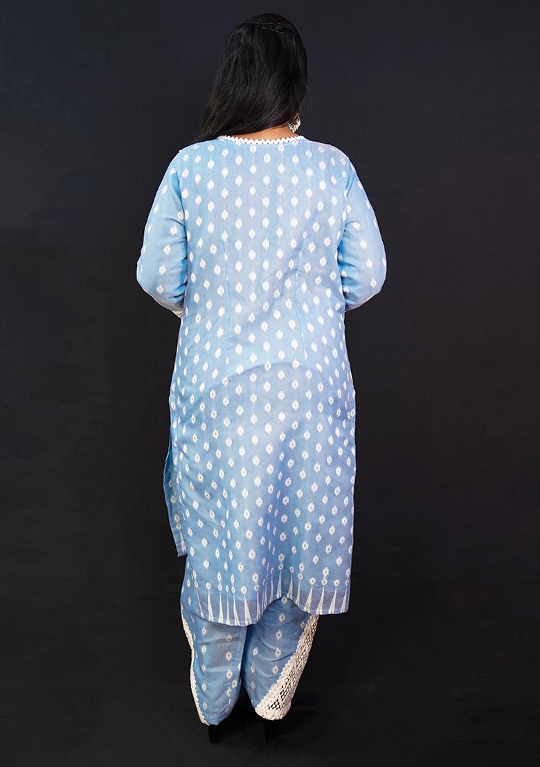 Blue Embroidered Jamdani Kurta Set - Indya