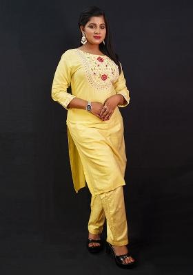 Yellow Embroidered Silk Kurta Set