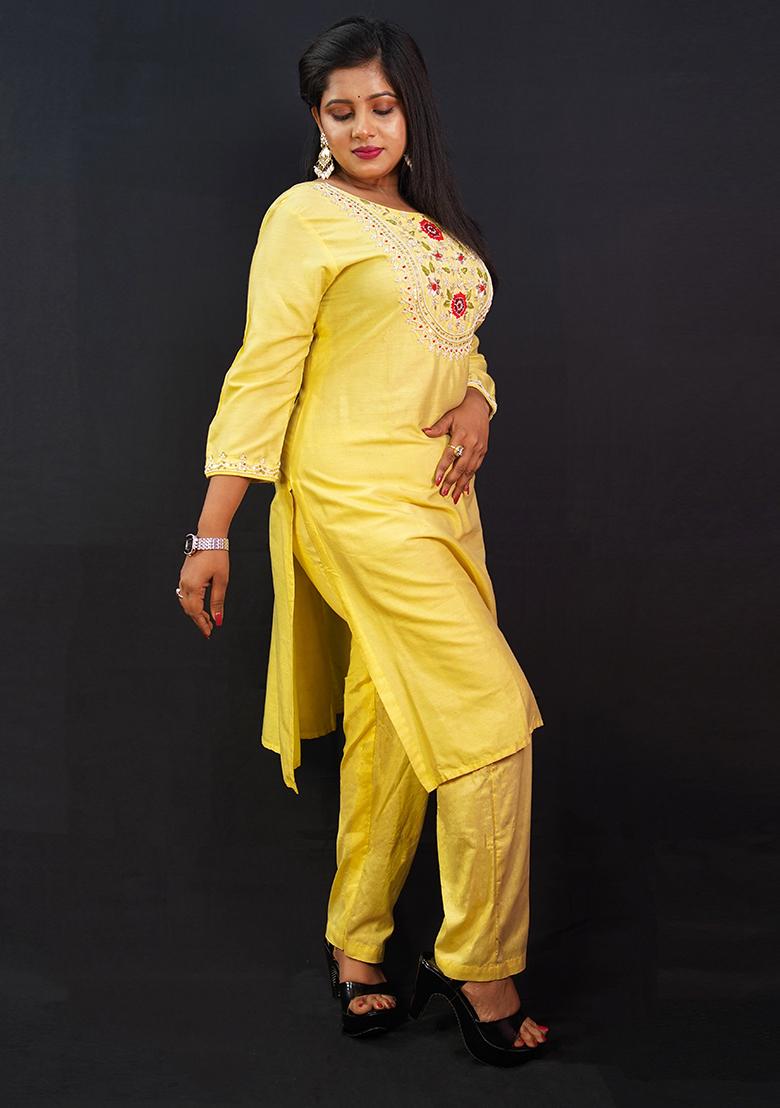 Yellow Embroidered Silk Kurta Set - Indya