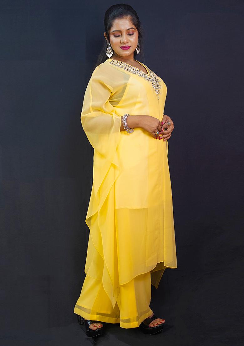 Yellow Embroidered Georgette Kurta Set - Indya