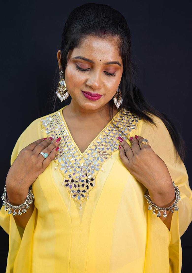 Yellow Embroidered Georgette Kurta Set - Indya