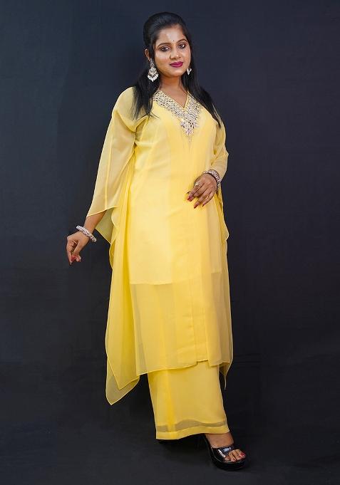 Yellow Embroidered Georgette Kurta Set