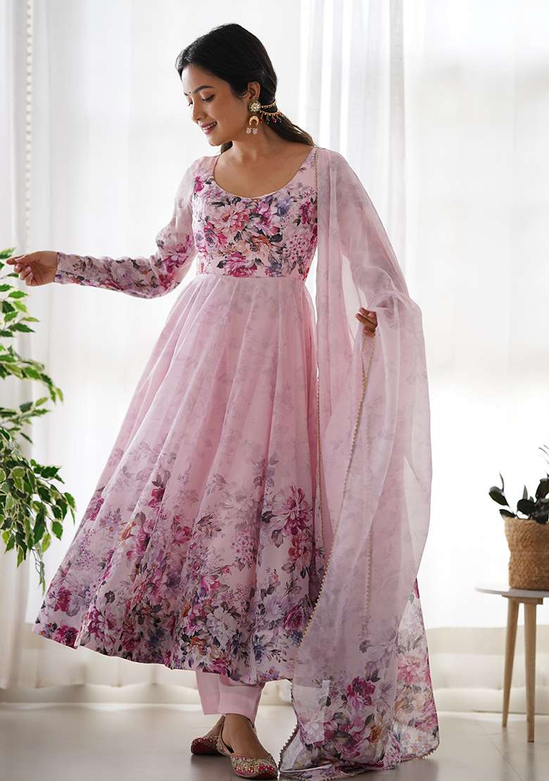 Pink Printed Work Silk Blend Kurta Set - Indya