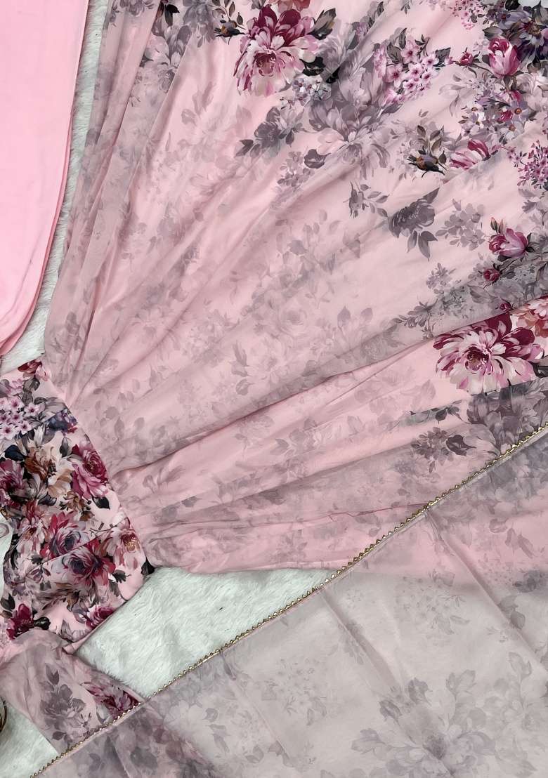 Pink Printed Work Silk Blend Kurta Set - Indya