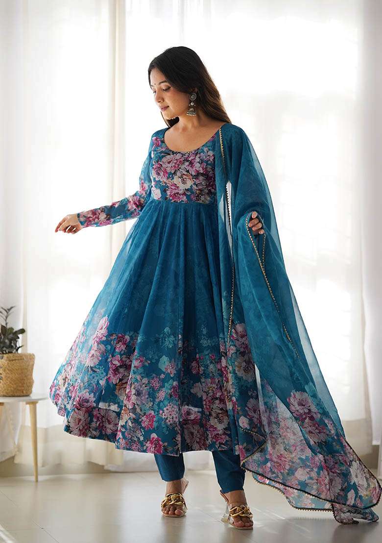 Rama Printed Work Silk Blend Kurta Set - Indya