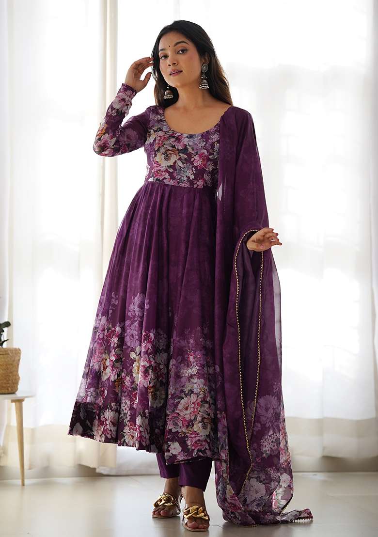 Wine Printed Work Silk Blend Kurta Set - Indya