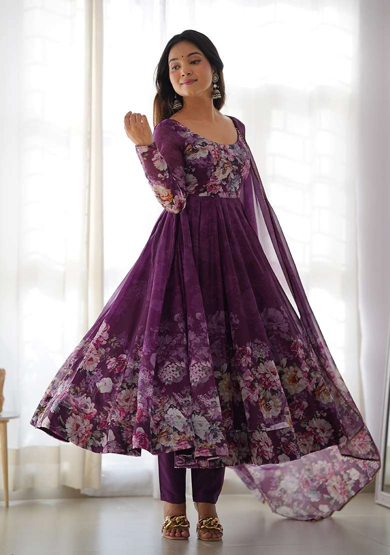 Wine Printed Work Silk Blend Kurta Set - Indya