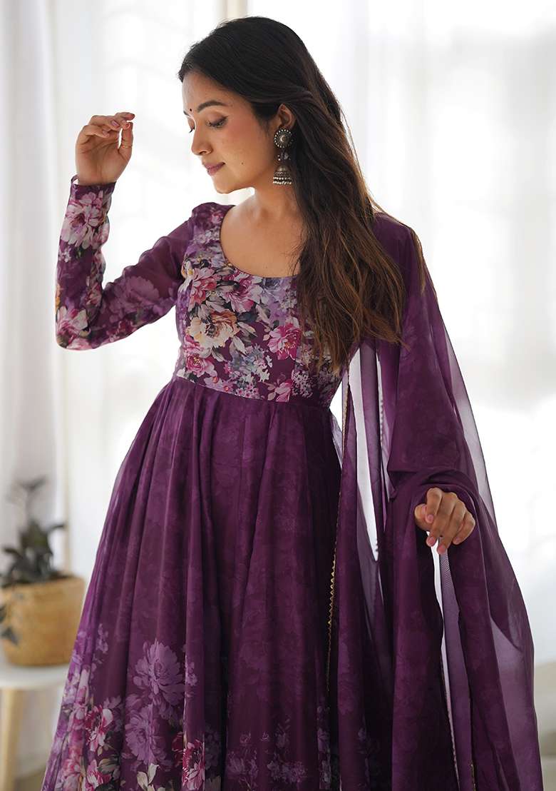 Wine Printed Work Silk Blend Kurta Set - Indya