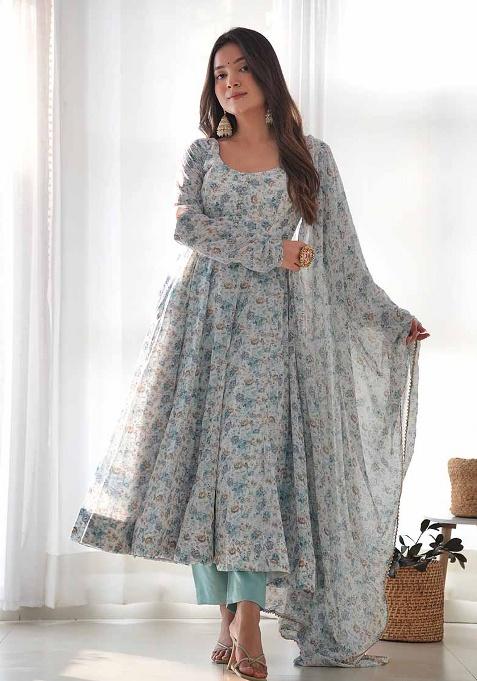 Sky Blue Printed Work Cotton Kurta Set