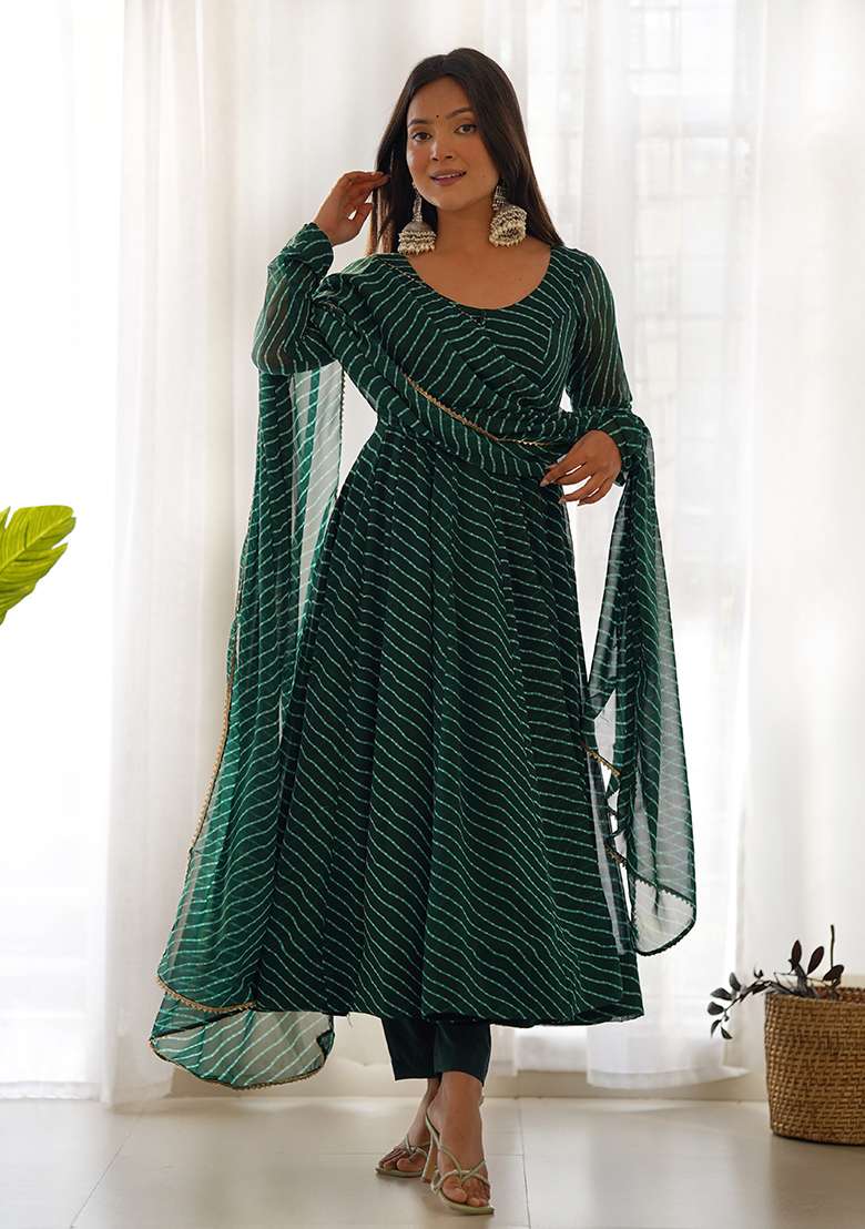 Green Printed Work Georgette Kurta Set - Indya