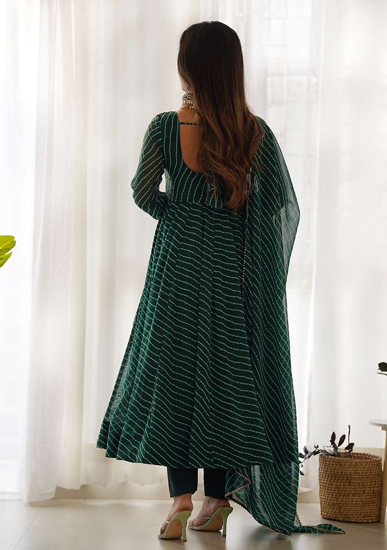 Green Printed Work Georgette Kurta Set - Indya