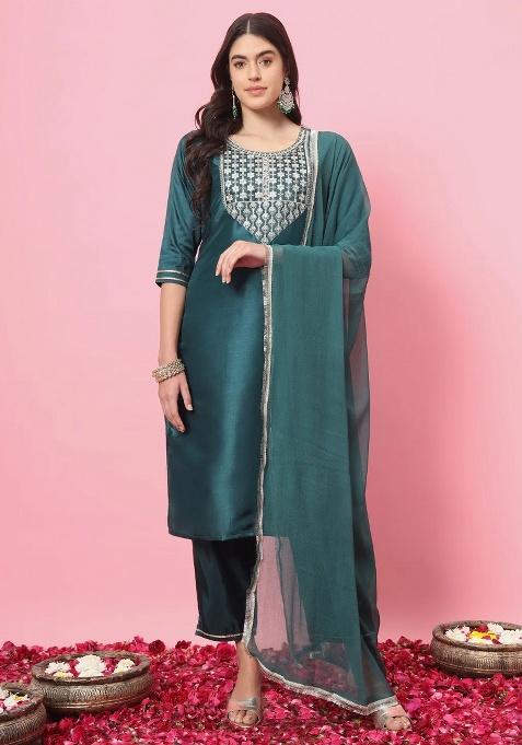 Green Embroidery Silk Kurta Set
