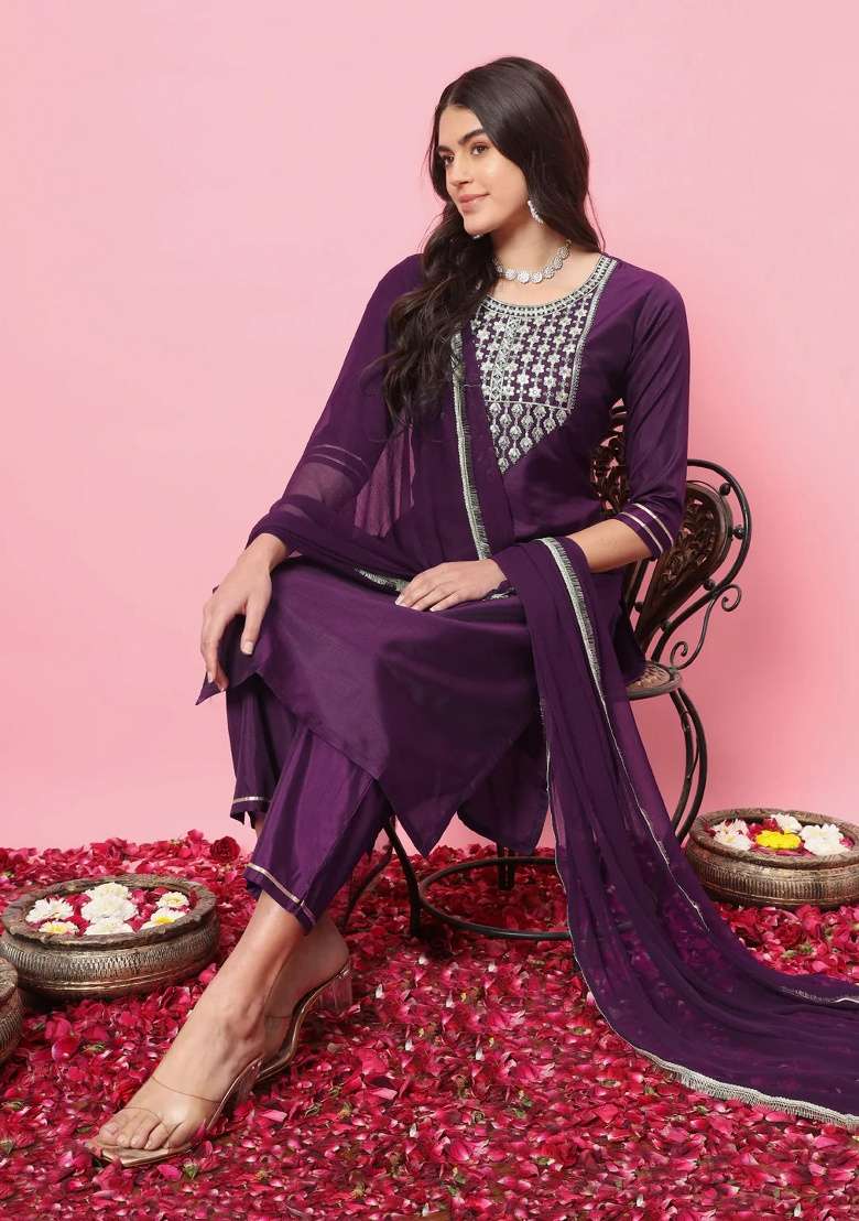 Purple Embroidery Silk Blend Kurta Set - Indya