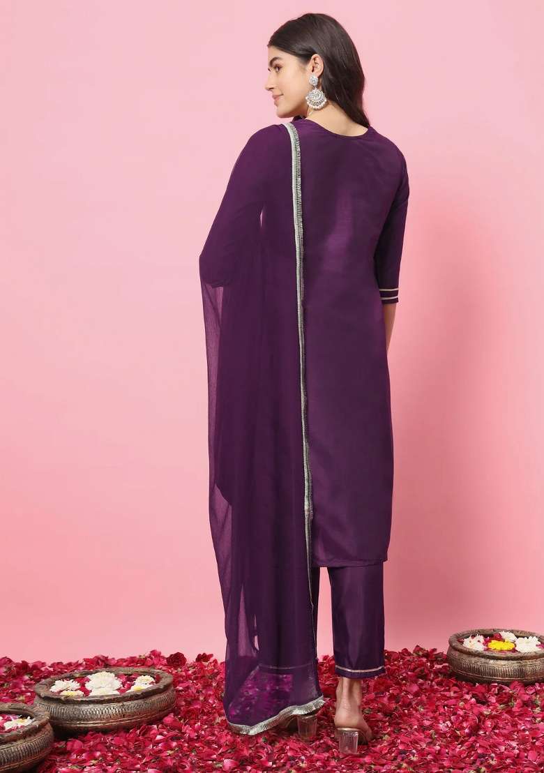Purple Embroidery Silk Blend Kurta Set - Indya