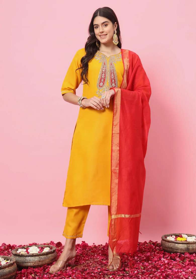 Yellow Embroidered Cotton Straight Kurta Set - Indya