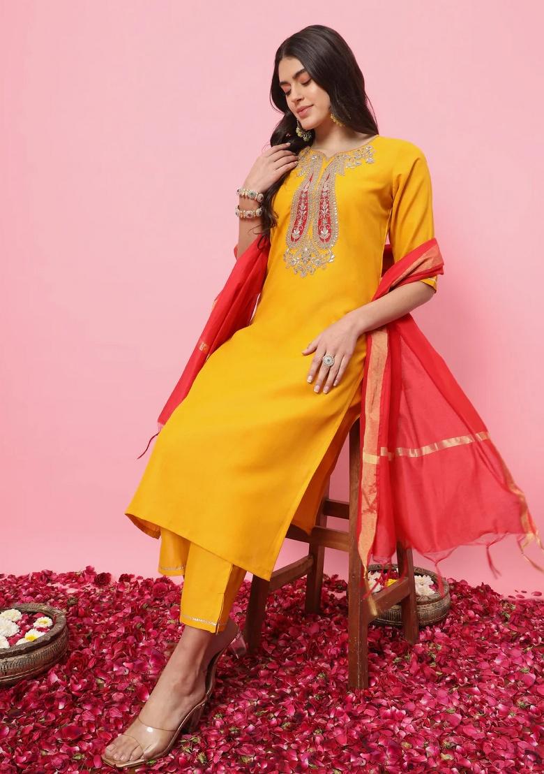 Yellow Embroidery Cotton Kurta Set - Indya