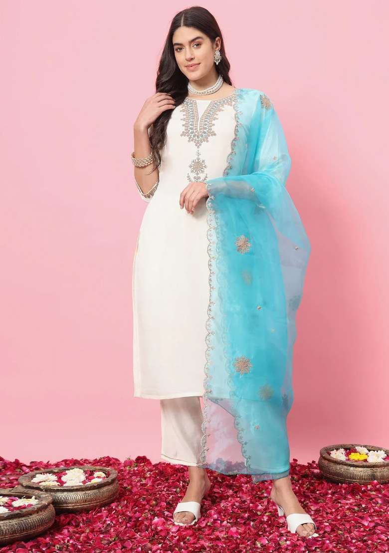 White Embroidered Silk Blend Straight Kurta Set - Indya