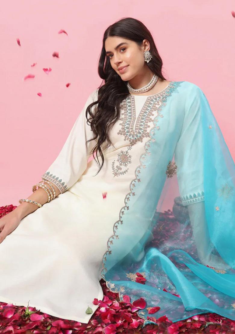White Embroidery Silk Kurta Set - Indya